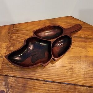 Carved Wood Leaf 5 Section Bowl‎ Divided Serving Dish 15 x 7 Charcuterie Board